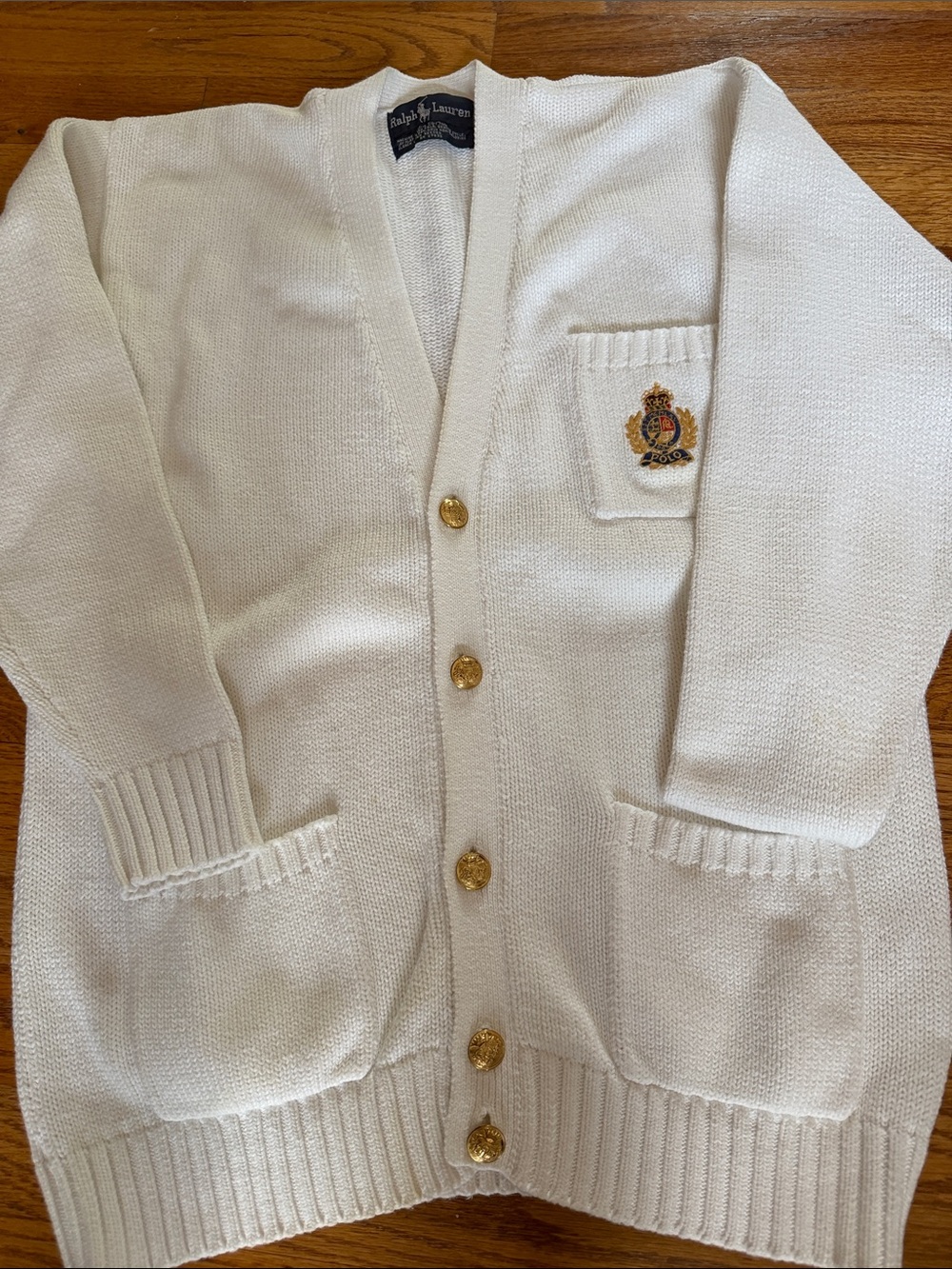 RalphLaurenCardiganSweaterBlueLabelHallmark Crest5GoldButtons PristineCrispWhite - Picture 5 of 8